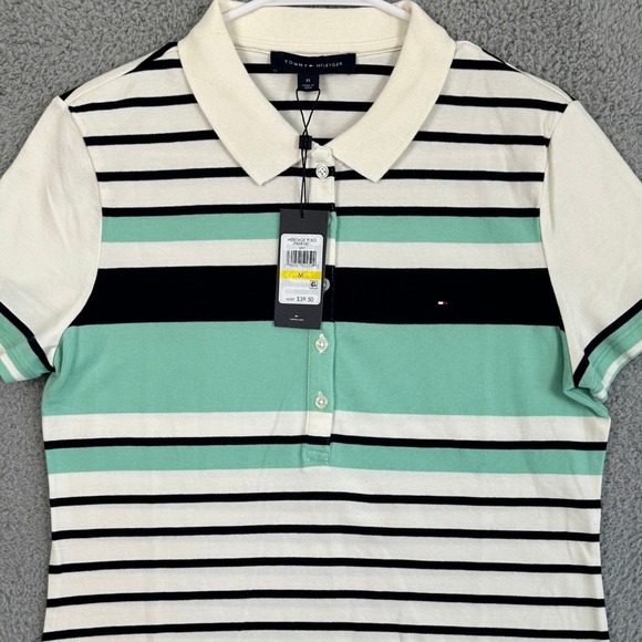 Tommy Hilfiger Tops - Tommy Hilfiger Shirt Polo Women Medium White Blue Stripe Stretch Rugby Logo NEW‎